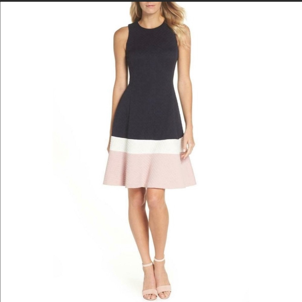 ELIZA J Colorblock Texture Knit Fit & Flare Dress In Navy Ivory Blush Size 6 NWT